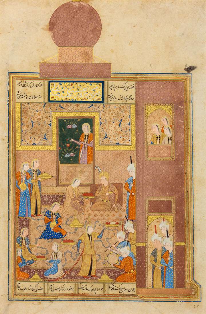 Bahram Gur visits the Sandalwood Pavilion from Haft Peykar, from a manuscript of Khamsa of Nizami